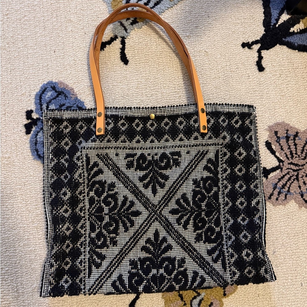 Tapestry Sardinian Beach Bag in Black and Tan Leather